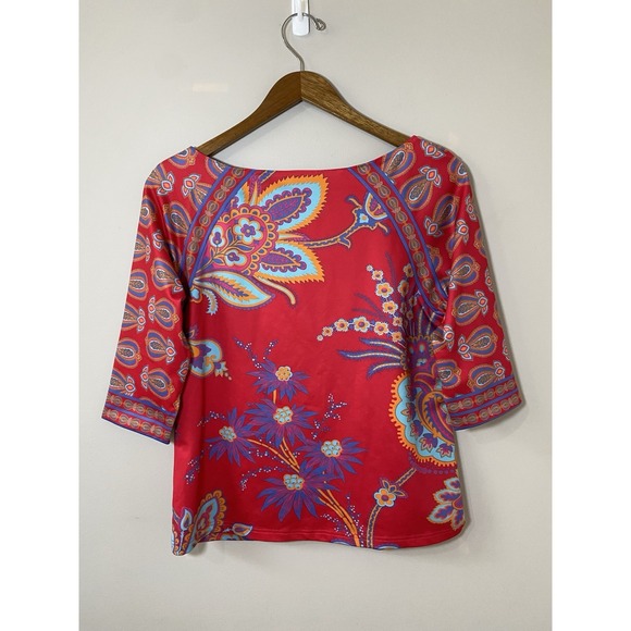 Gretchen Scott Top Women's SMALL Red Paisley Floral 3/4 Sleeve‎ Boatneck Blouse - Picture 2 of 4